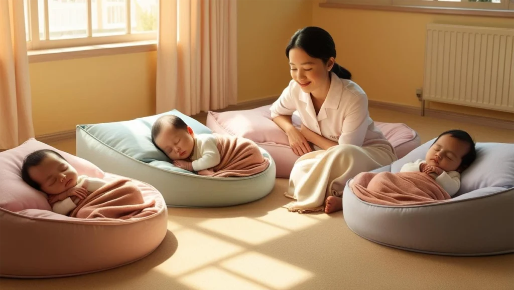 保育園でお昼寝をする子どもたち。